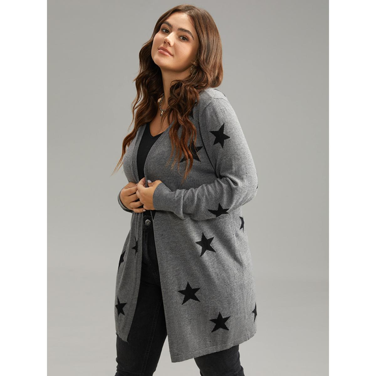 Plus Size Supersoft Essentials Star Print Open Front Cardigan DimGray Women Casual Loose Long Sleeve Dailywear Cardigans BloomChic 30/6X Product Image