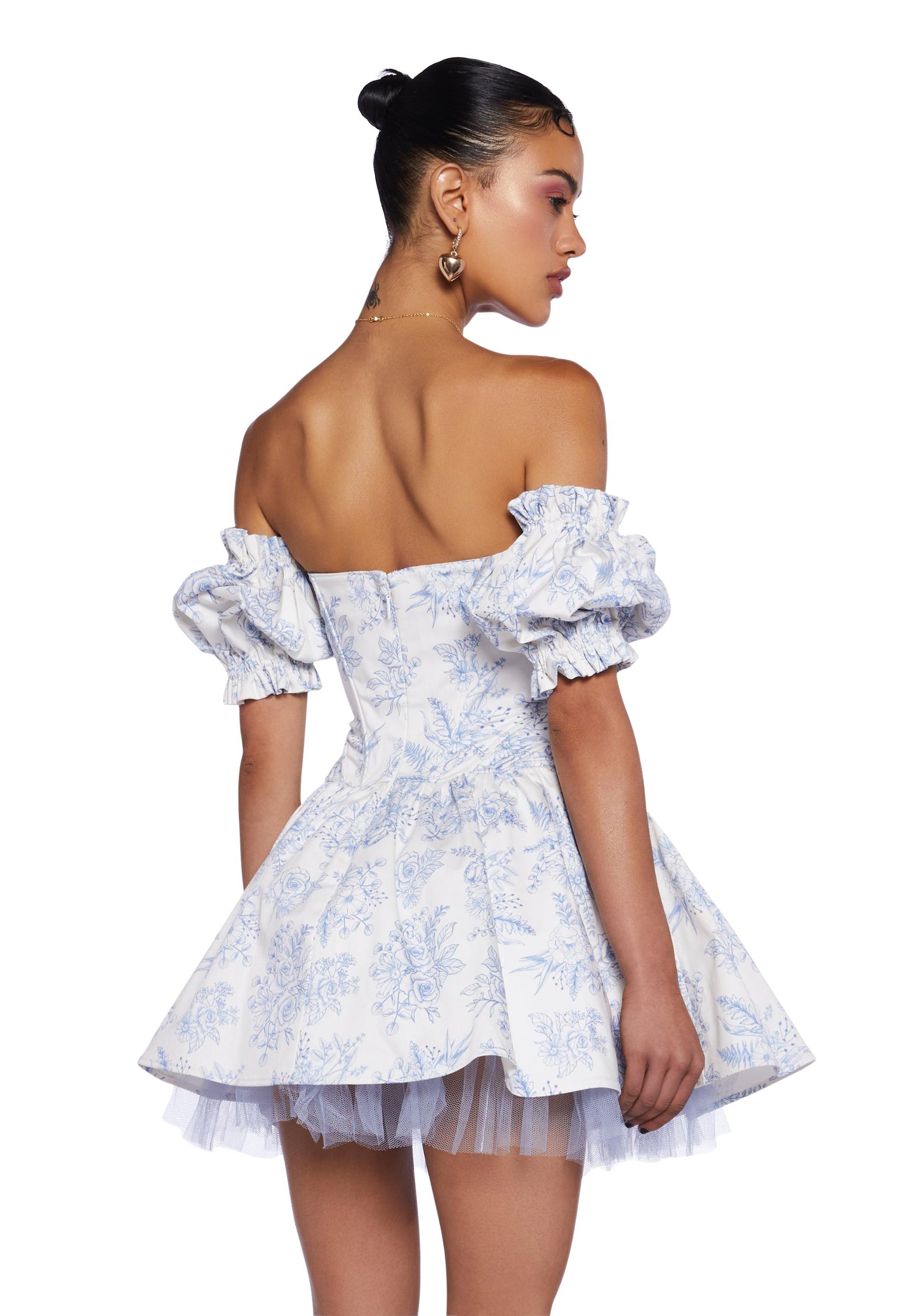 Sugar Thrillz Floral Print Corset Mini Dress With Tulle Hem Regencycore - Blue Product Image