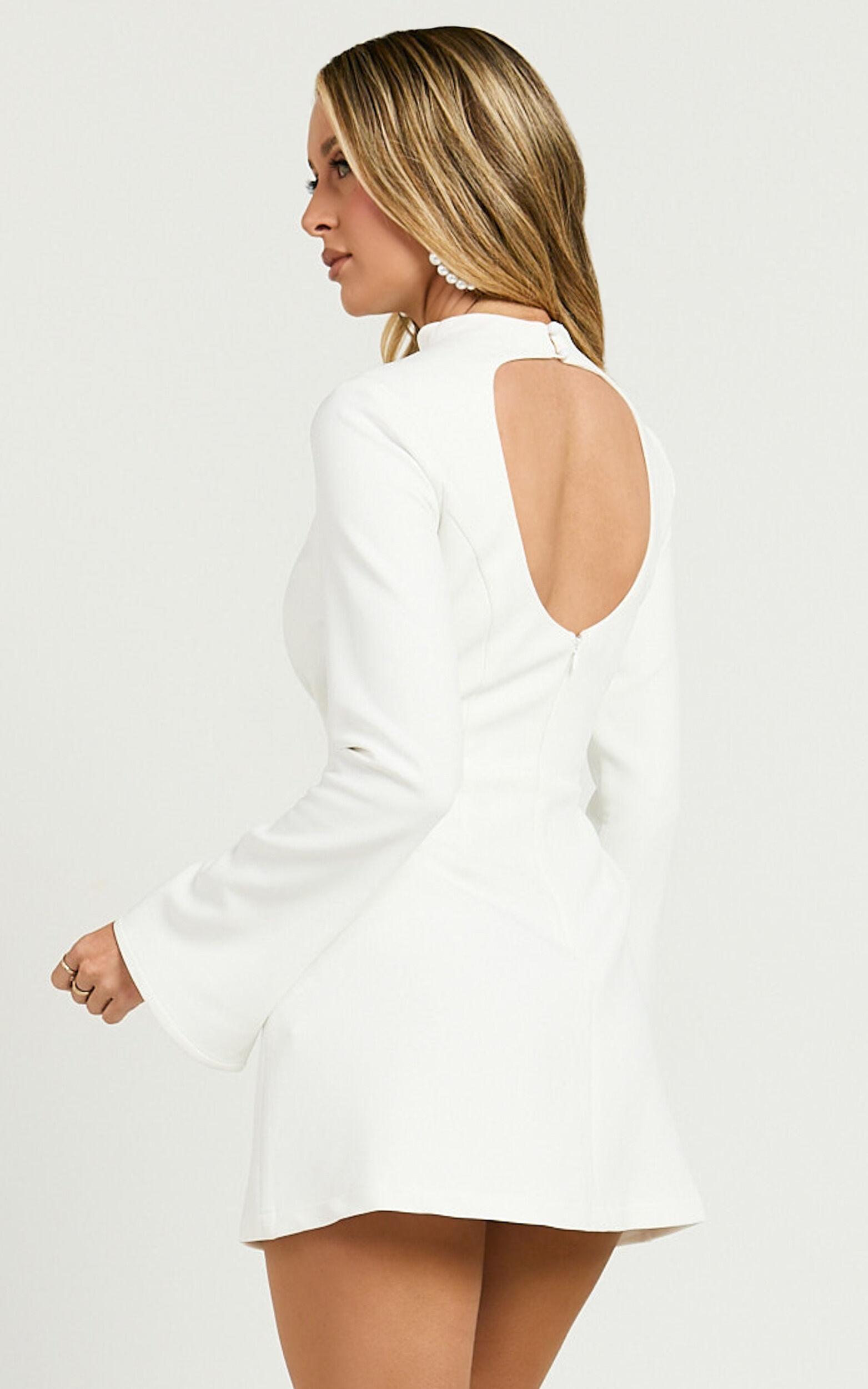 Carlson Mini Dress - High Neck Sleeve Cocoon Skirt Dress in White Product Image