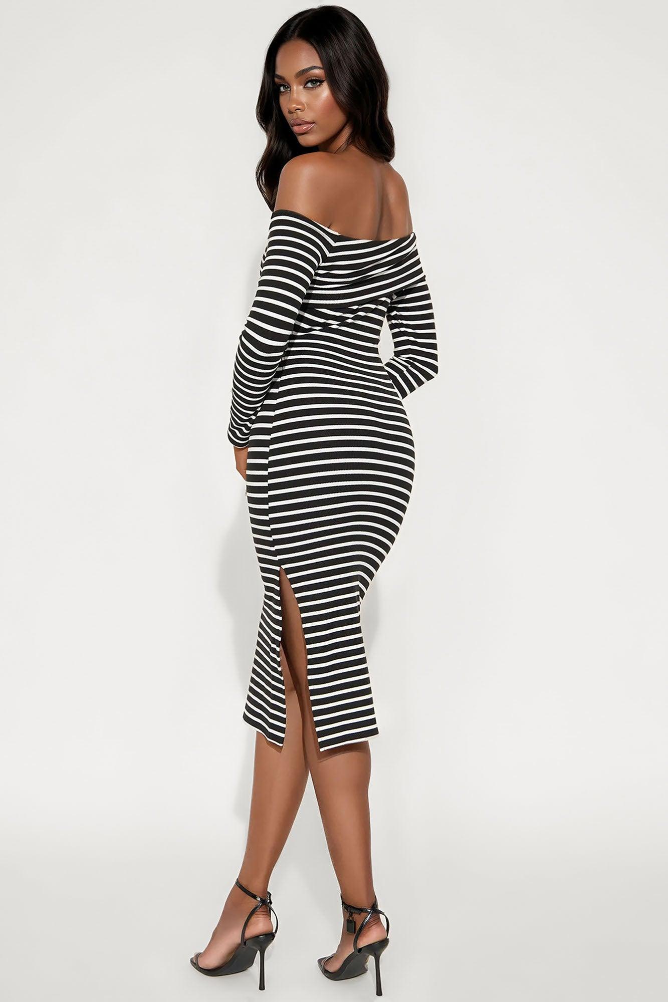 Margo Ribbed Long Sleeve Midi Dress - Black/White Female Product Image