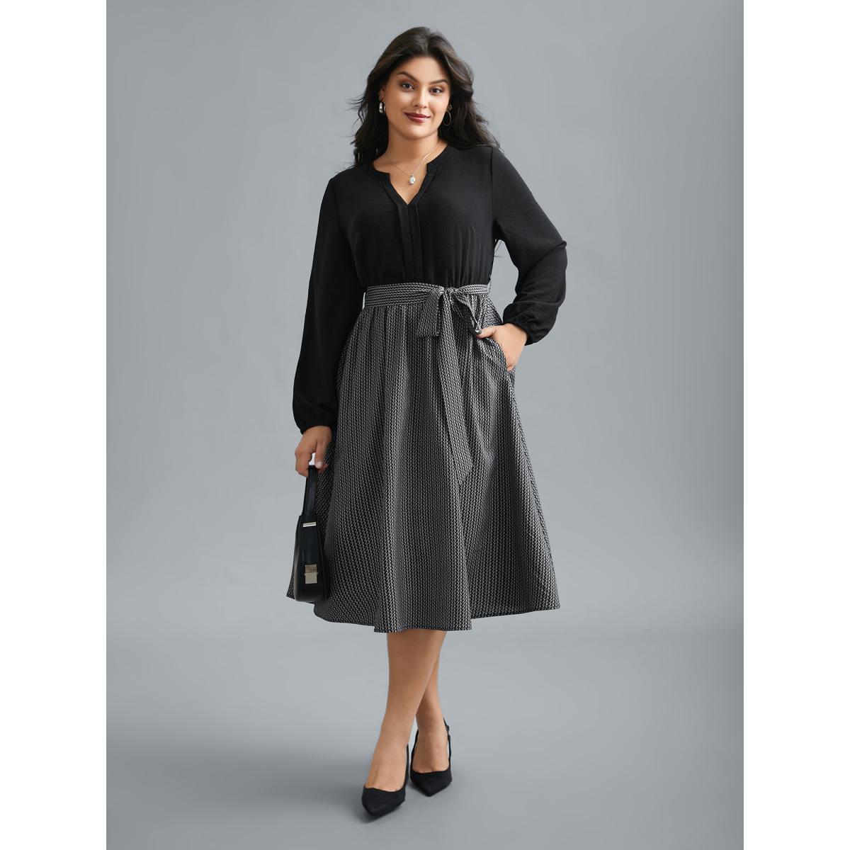 Plus Size Notched Collar Color Block Waist Tie Dress Black Women At the Office Belted Flat collar with V-notch Long Sleeve Curvy BloomChic 12/L Product Image