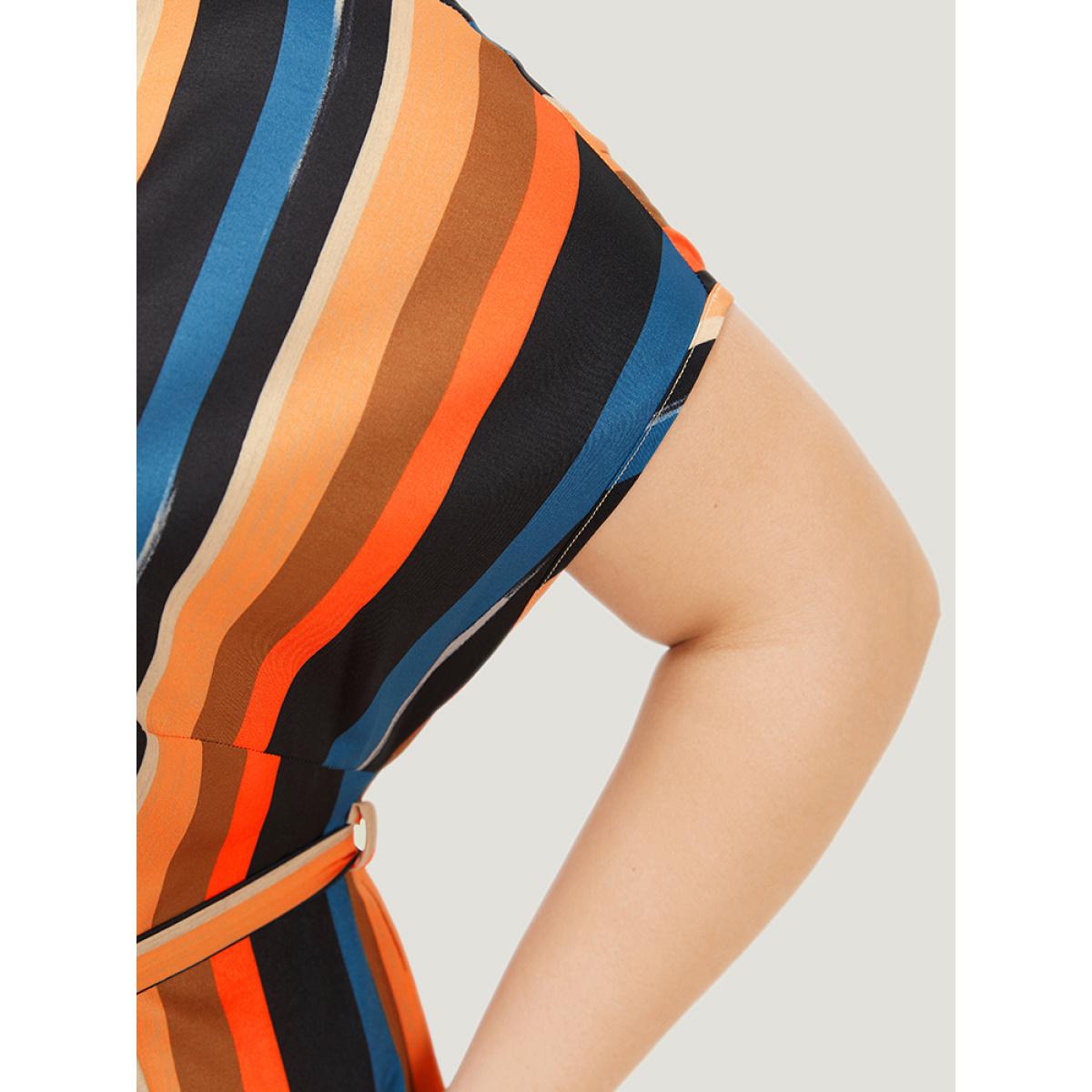 Plus Size Rainbow Striped Batwing Sleeve Pocket Belt Dress Multicolor Women Vacation Contrast V-neck Short sleeve Curvy Knee Dress BloomChic 30/6X Product Image