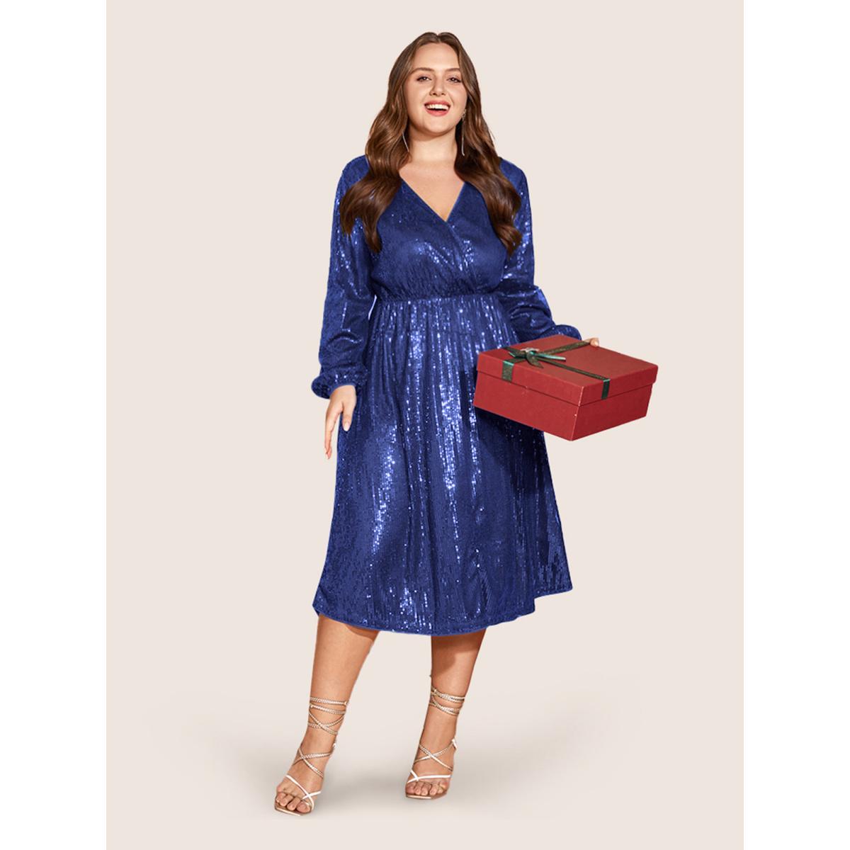 Plus Size Solid Pocket Lantern Sleeve Wrap Sequin Dress DarkGreen Women Party&Cocktail Pocket Overlap Collar Long Sleeve Curvy Midi Dress BloomChic 30/6X Product Image