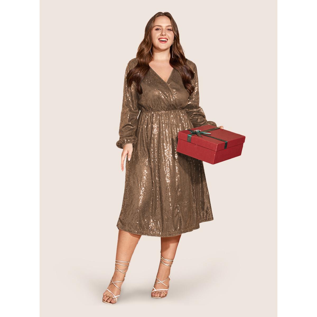 Plus Size Solid Pocket Lantern Sleeve Wrap Sequin Dress Bronze Women Party&Cocktail Pocket Overlap Collar Long Sleeve Curvy Midi Dress BloomChic 12/L Product Image