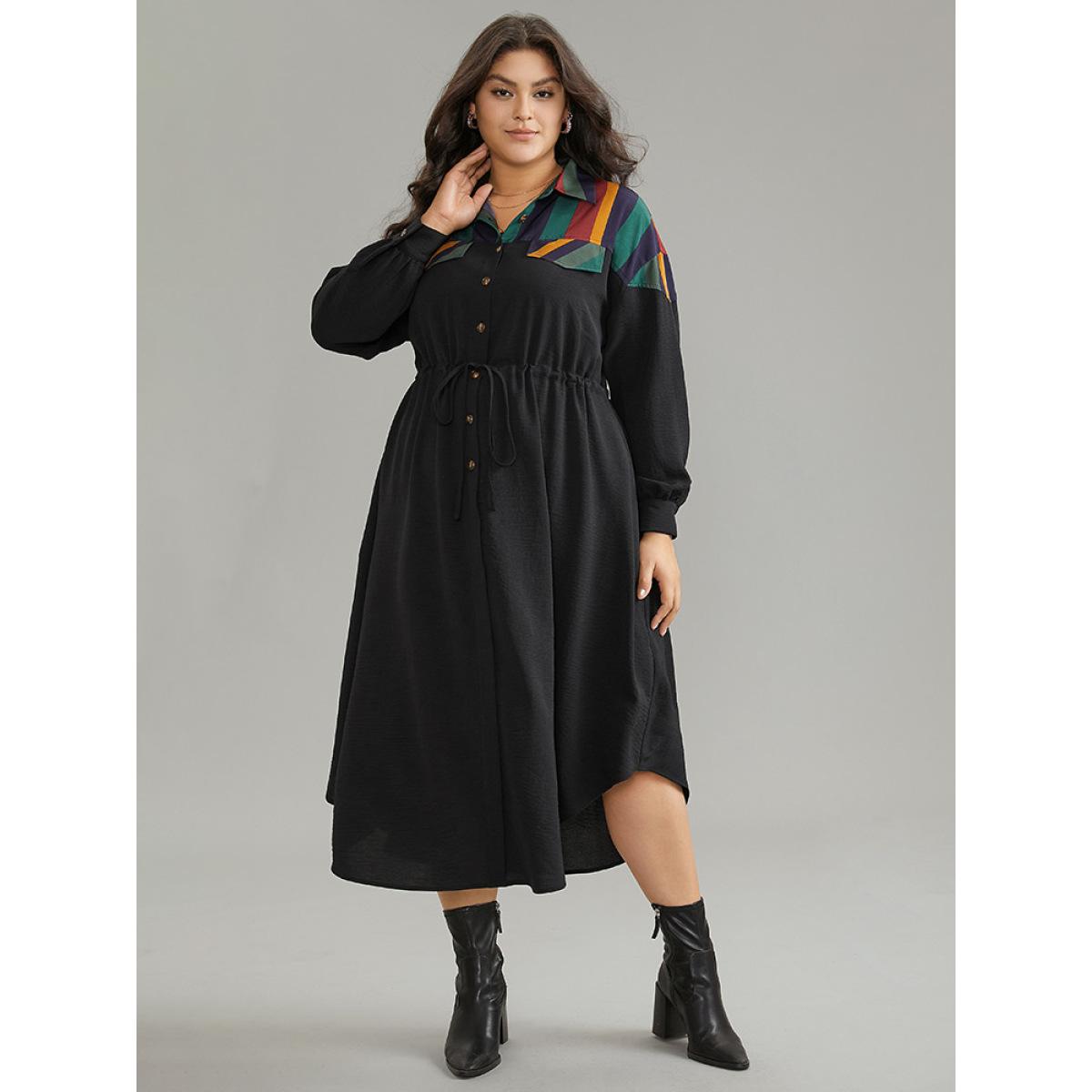 Plus Size Striped Contrast Drawstring Button Detail Shirt Collar Dress Black Women Office Patchwork Shirt collar Long Sleeve Curvy Midi Dress BloomChic 18-20/2X Product Image