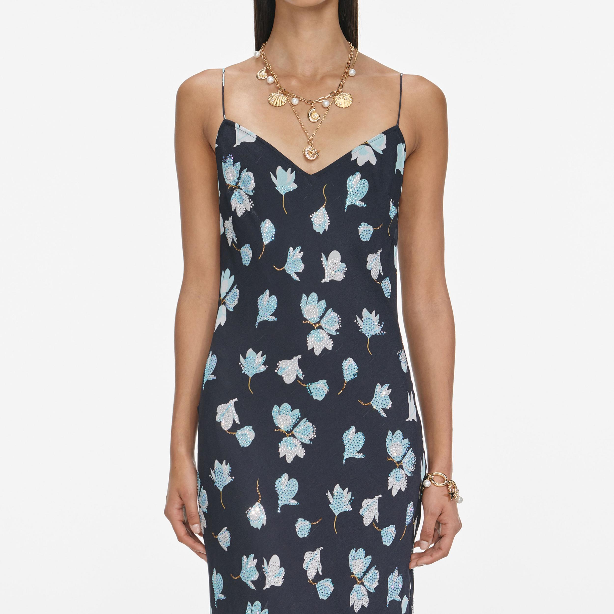 Navy Floral Rhinestone Maxi Dress Product Image