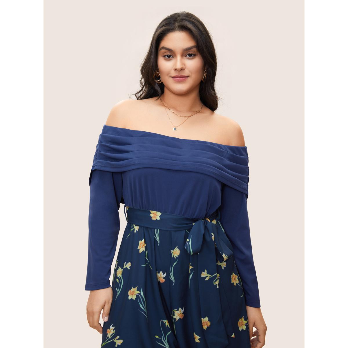 Plus Size Indigo Off Shoulder Floral Patchwork Ruched Belted Jumpsuit Women Elegant Long Sleeve One-shoulder neck Everyday Loose Jumpsuits BloomChic 12/L Product Image
