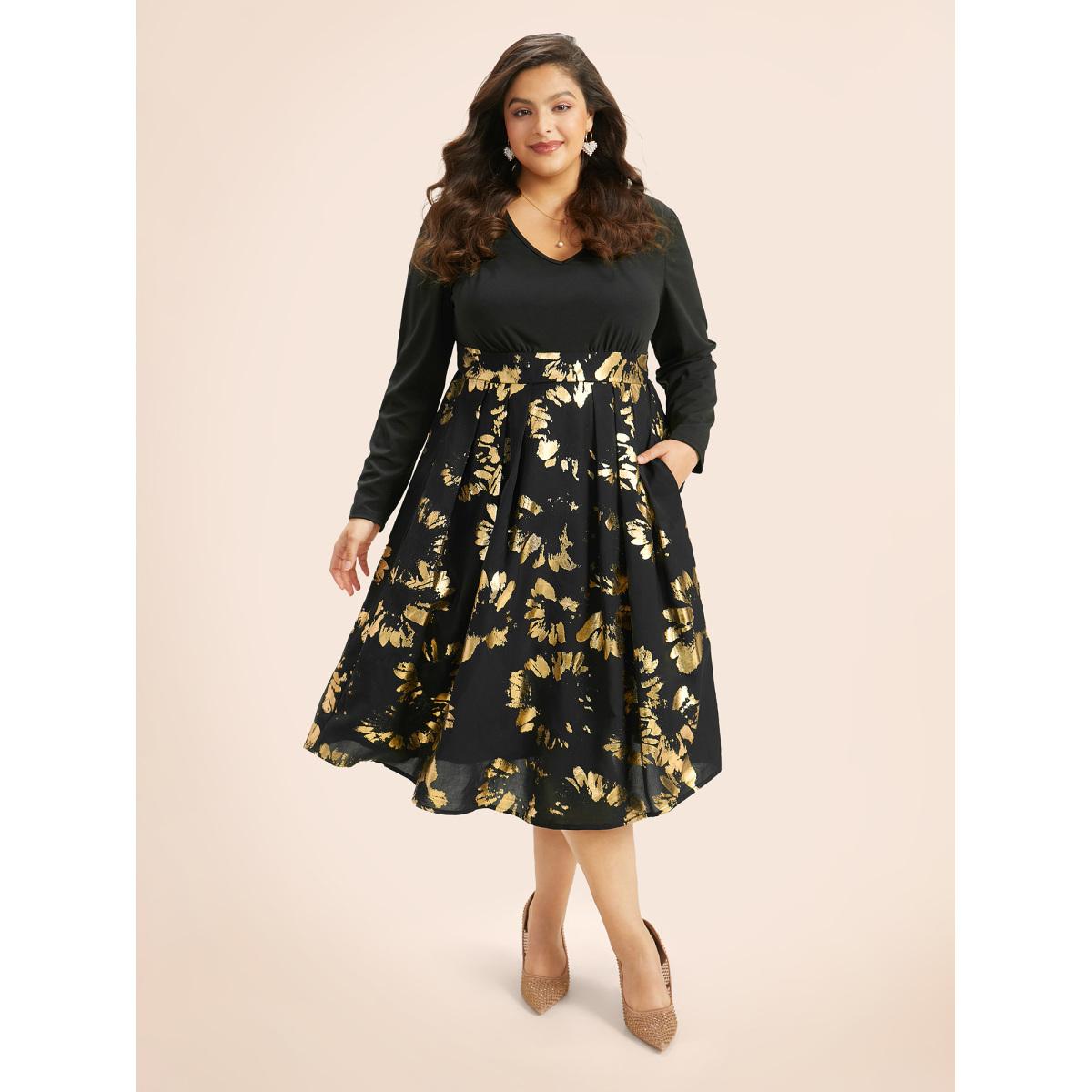 Plus Size Brush Glitter Pocket Patchwork Dress Black Women Party Printed V-neck Long Sleeve Curvy Midi Dress BloomChic 18-20/2X Product Image