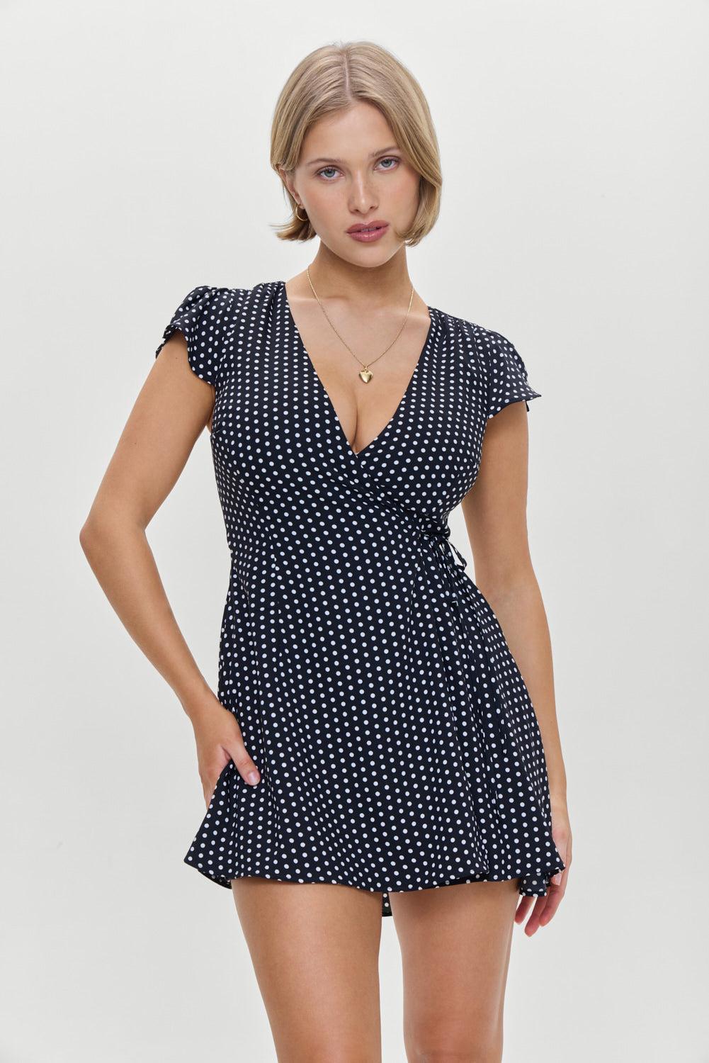 Lucy Wrap Mini Dress - Classic Polka Dot Product Image