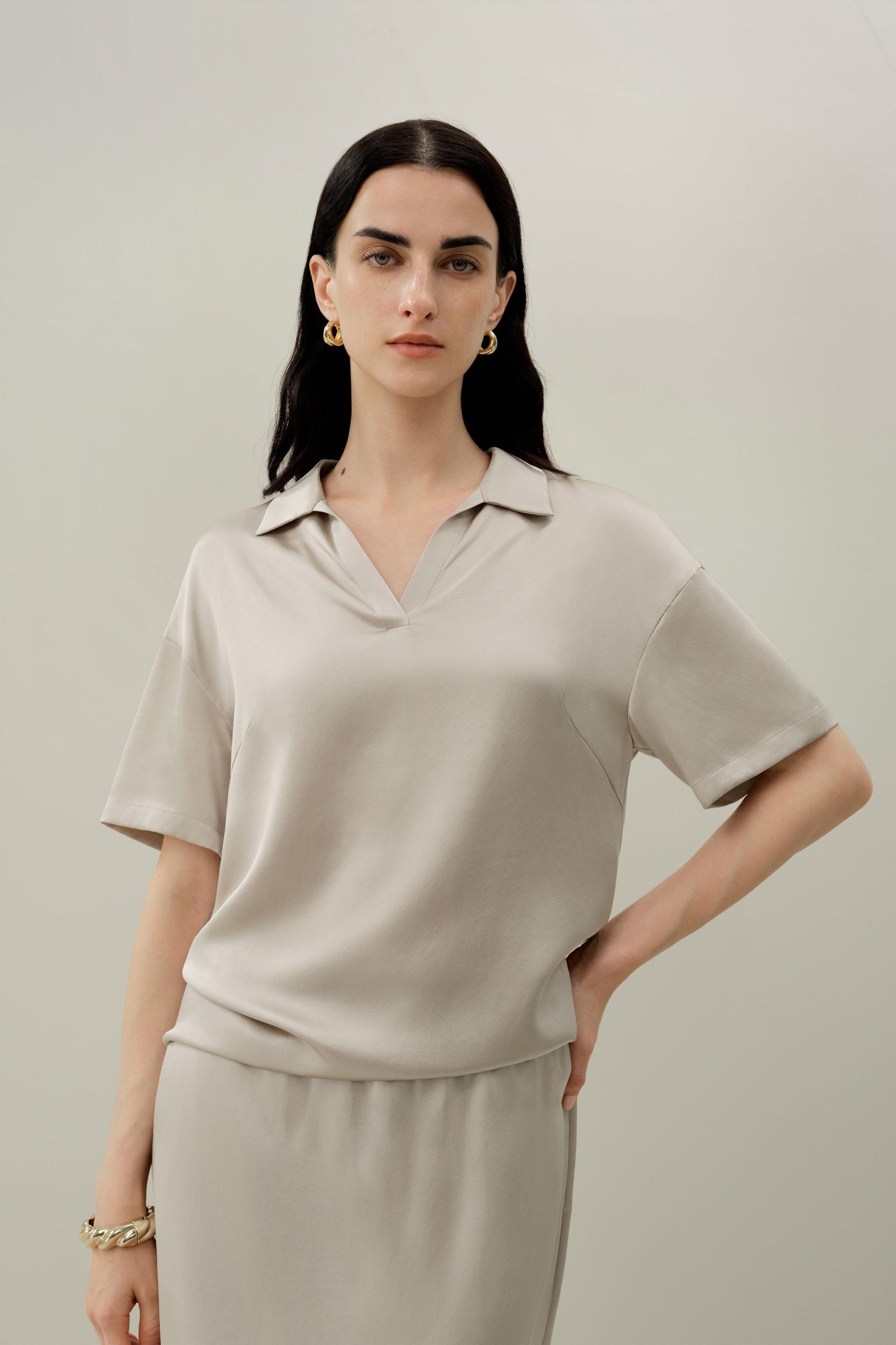 Washable Silk Charmeuse Polo Top Product Image