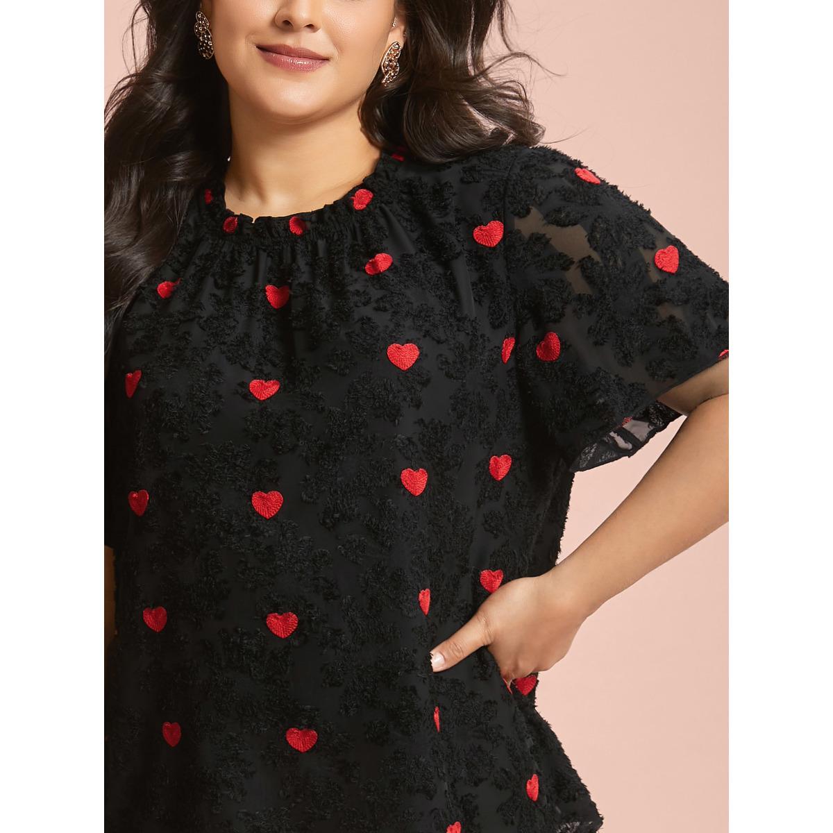 Plus Size Black Heart Jacquard Frill Trim Textured Blouse Women Elegant Short sleeve Mock Neck Everyday Blouses BloomChic 30/6X Product Image