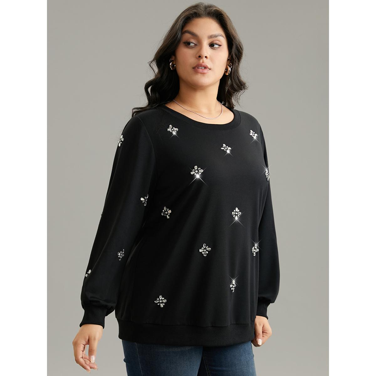 Plus Size Beaded Floral Elastic Cuffs Sweatshirt Women Black Elegant Beaded Round Neck Dailywear Sweatshirts BloomChic 22-24/3X Product Image