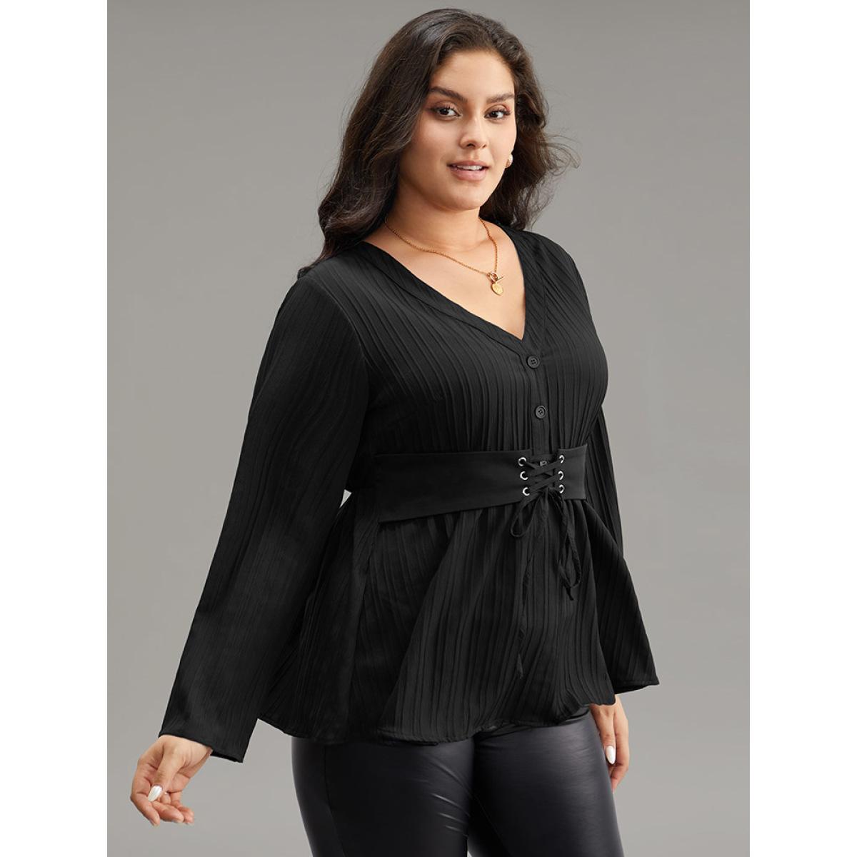 Plus Size Black Solid Textured Button Detail Lace Up Blouse Women At the Office Long Sleeve V-neck Office Blouses BloomChic 28/5X Product Image