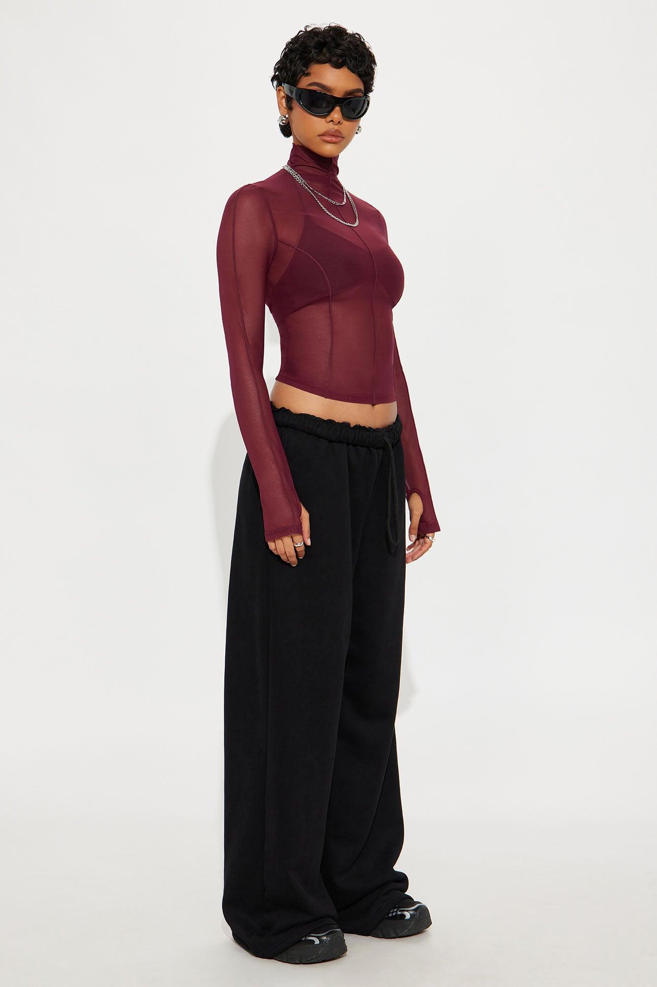 Power Mesh Mock Neck Long Sleeve Top - Wine Female Product Image