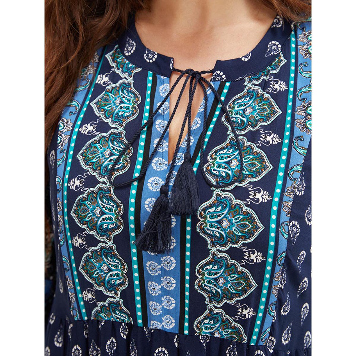 Plus Size Bandana Print Ruffles Lantern Sleeve Pocket Tassels Tie Neck Dress Indigo Women Vacation Tassels Tie Neck Elbow-length sleeve Curvy Midi Dress BloomChic 26/4X Product Image