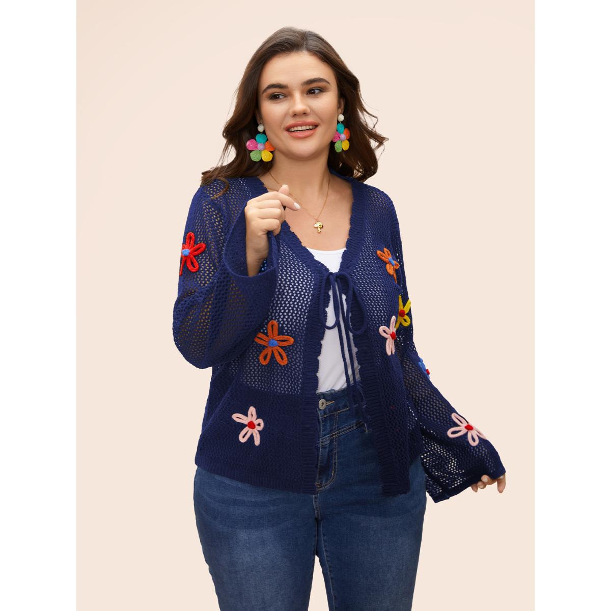 Plus Size Knit Floral Front Tie Cardigan Indigo Women Playful Loose Long Sleeve Casual Cardigans BloomChic 14-16/1X Product Image