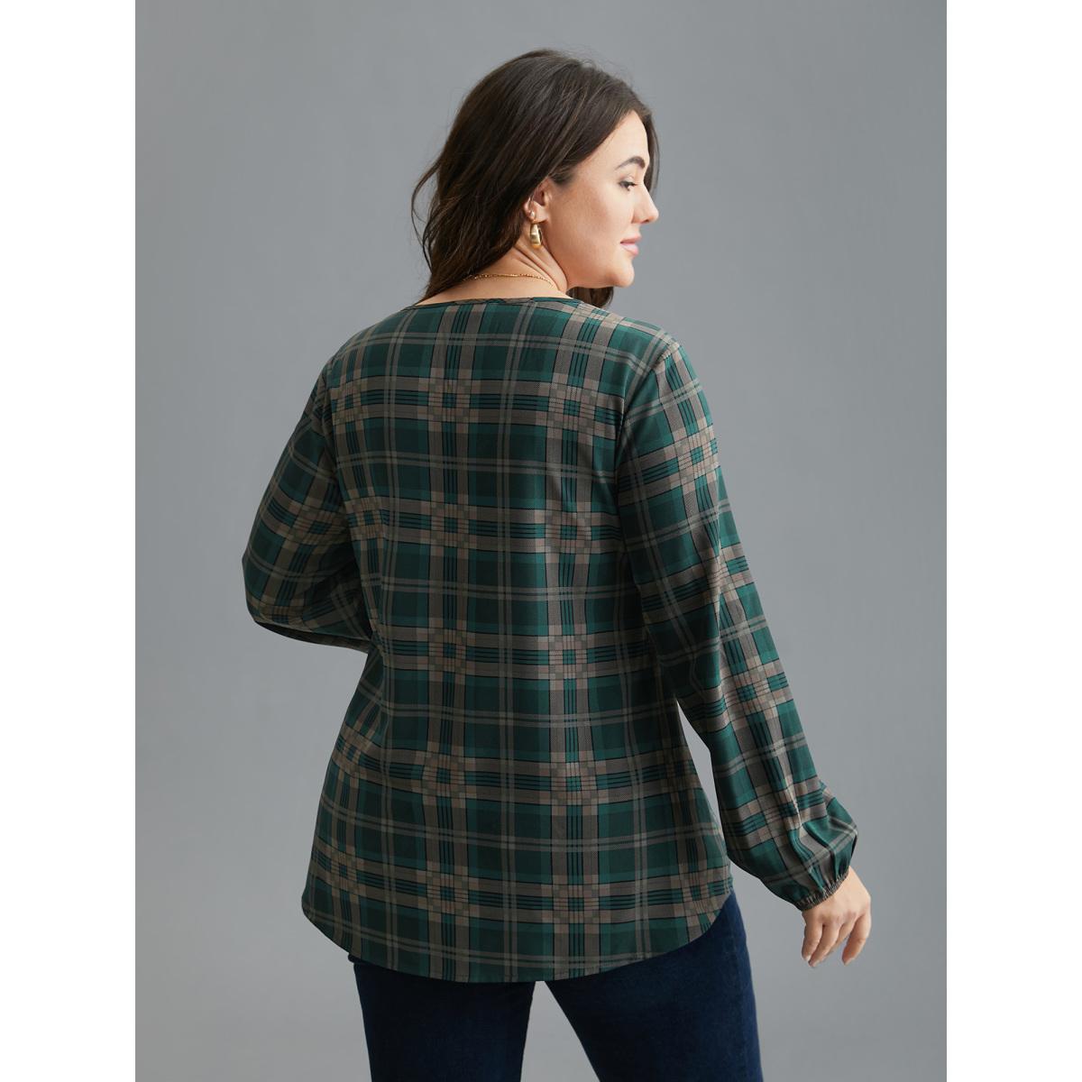 Plus Size DarkSlateGray Plaid Pattern Chest Pocket Blouse Women Elegant Extra Long Sleeve V-neck Everyday Blouses BloomChic 26/4X Product Image
