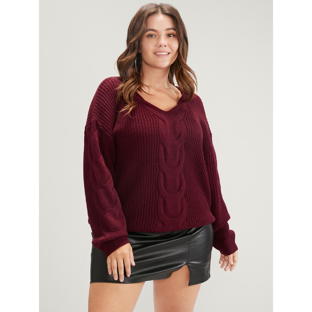 Plus Size Solid Pointelle Knit V Neck Cable Knit Top Scarlet Women Elegant Loose Long Sleeve V-neck Dailywear Pullovers BloomChic 26/4X Product Image