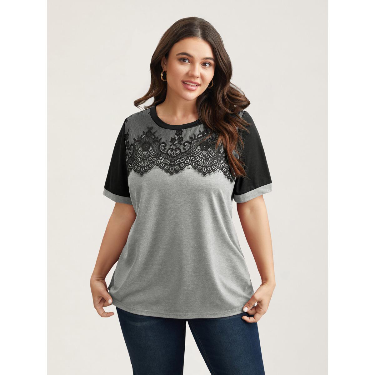 Plus Size Stretchy Scalloped Lace Color Contrast T-Shirt LightGray Women Timeless Contrast Round Neck Elegant T-shirts BloomChic 14-16/1X Product Image