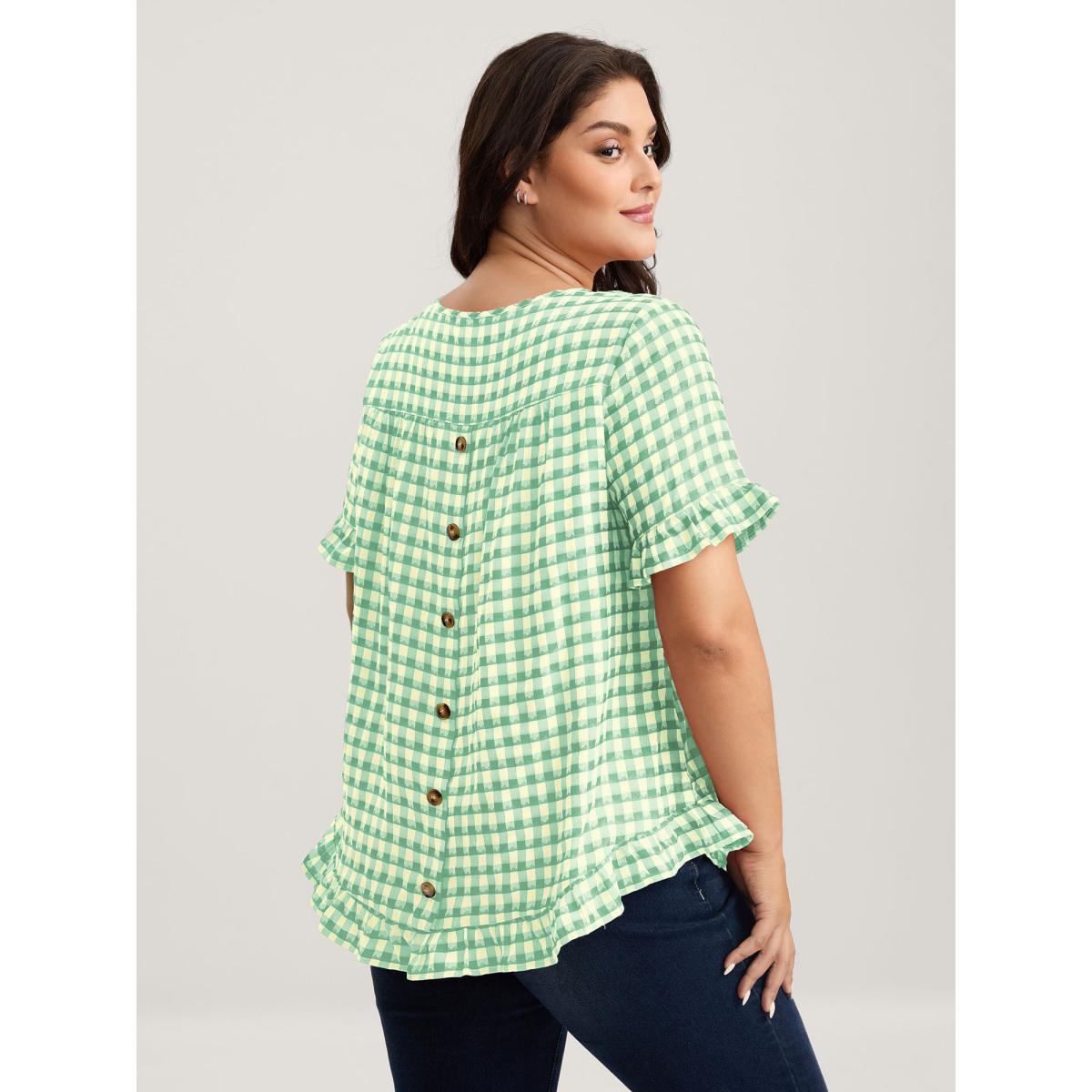 Plus Size Malachitegreen Gingham Print Button Back Blouse Women Short sleeve Round Neck Everyday-Casual Blouses BloomChic 12/L Product Image