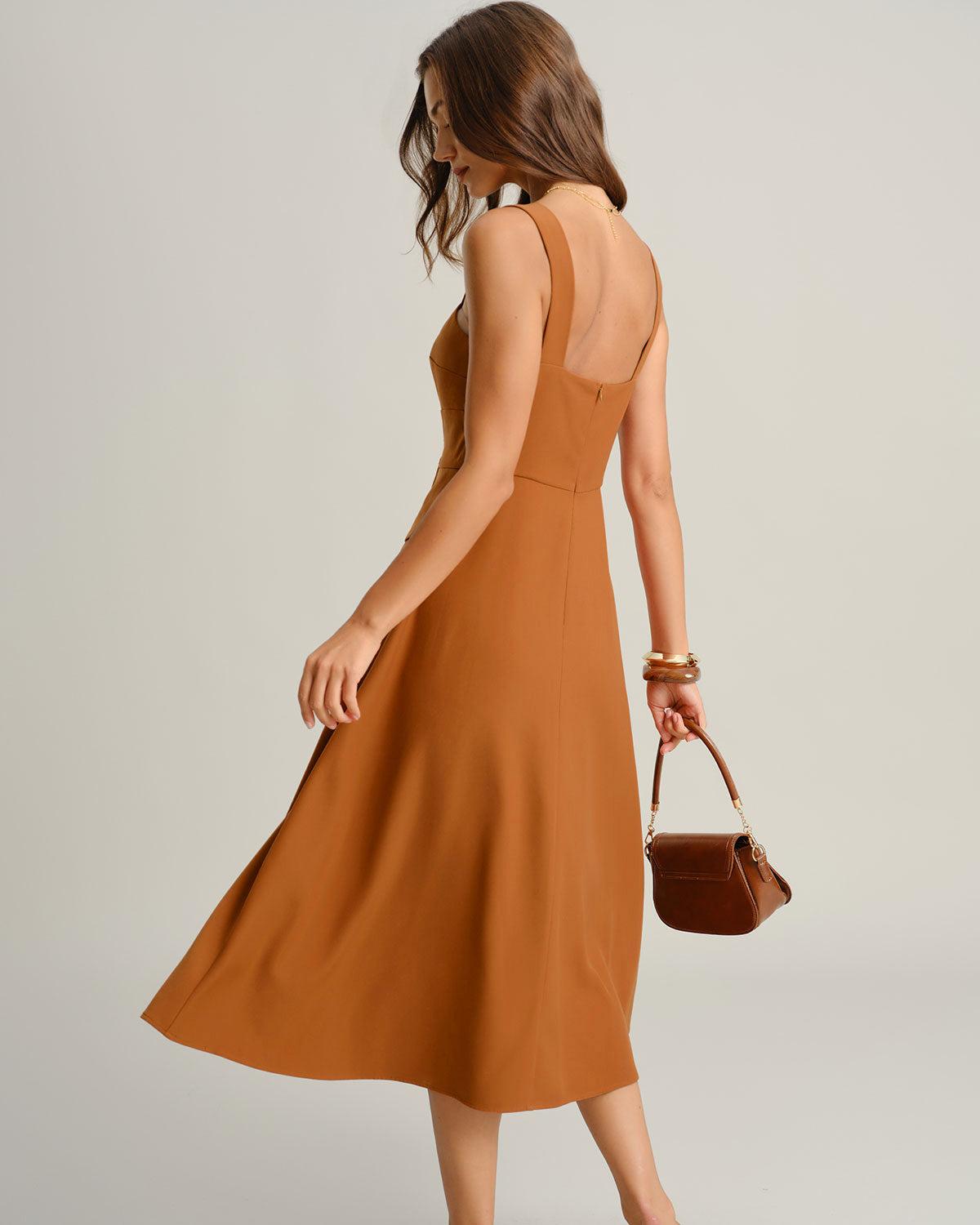 Caramel Sweetheart Neck Slip Midi Dress Product Image