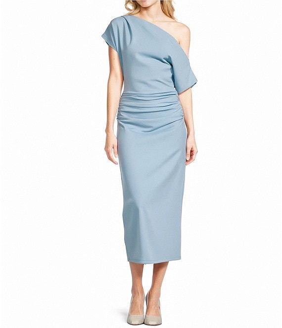 Gibson & Latimer Crepe Knit Asymmetric Neck One Shoulder Off-the-Shoulder Short Sleeve Ruched Sheath Midi Dress Product Image