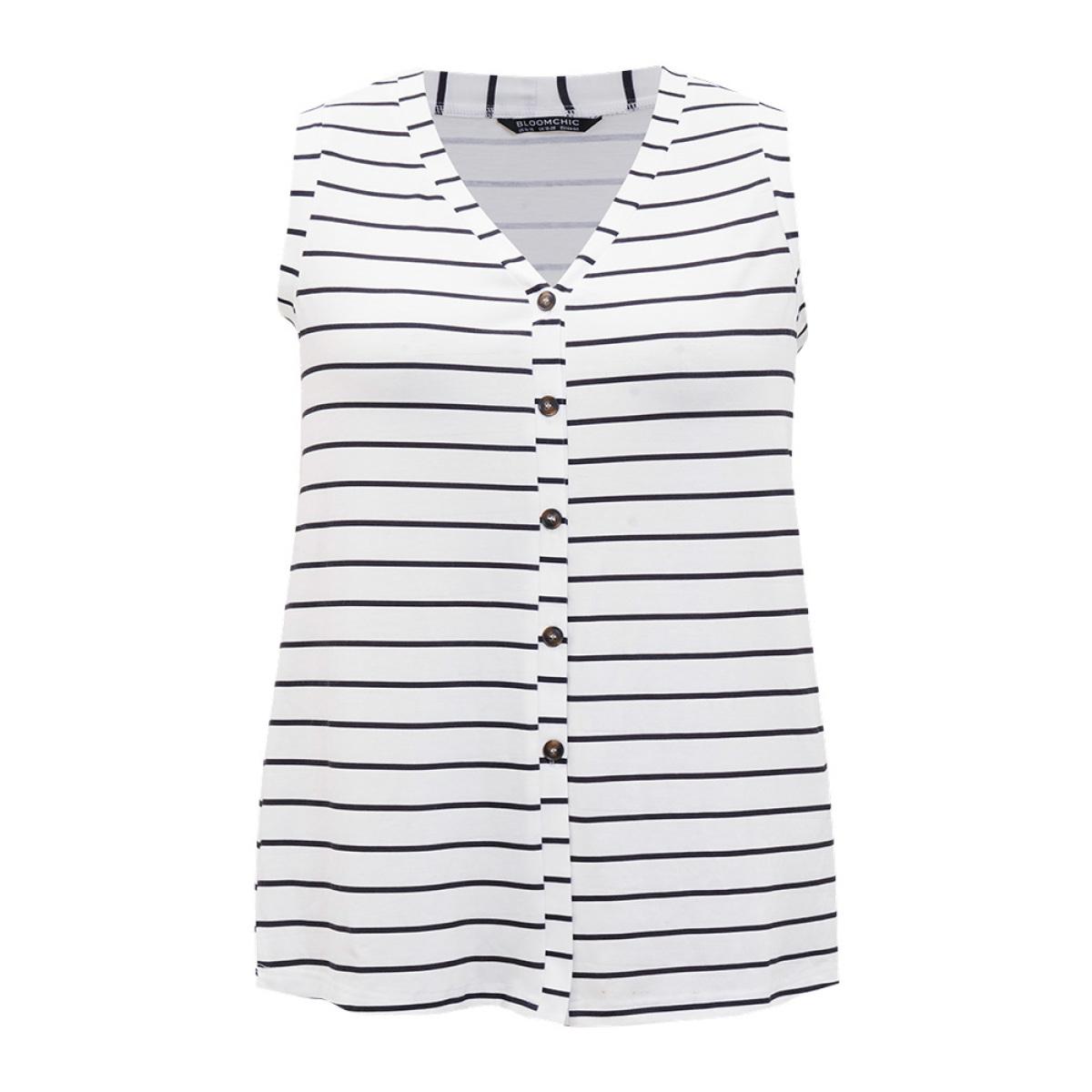 Plus Size Striped Print Button Through Tank Top Women White Casual Button Dailywear Tank Tops Camis BloomChic 18-20/2X Product Image