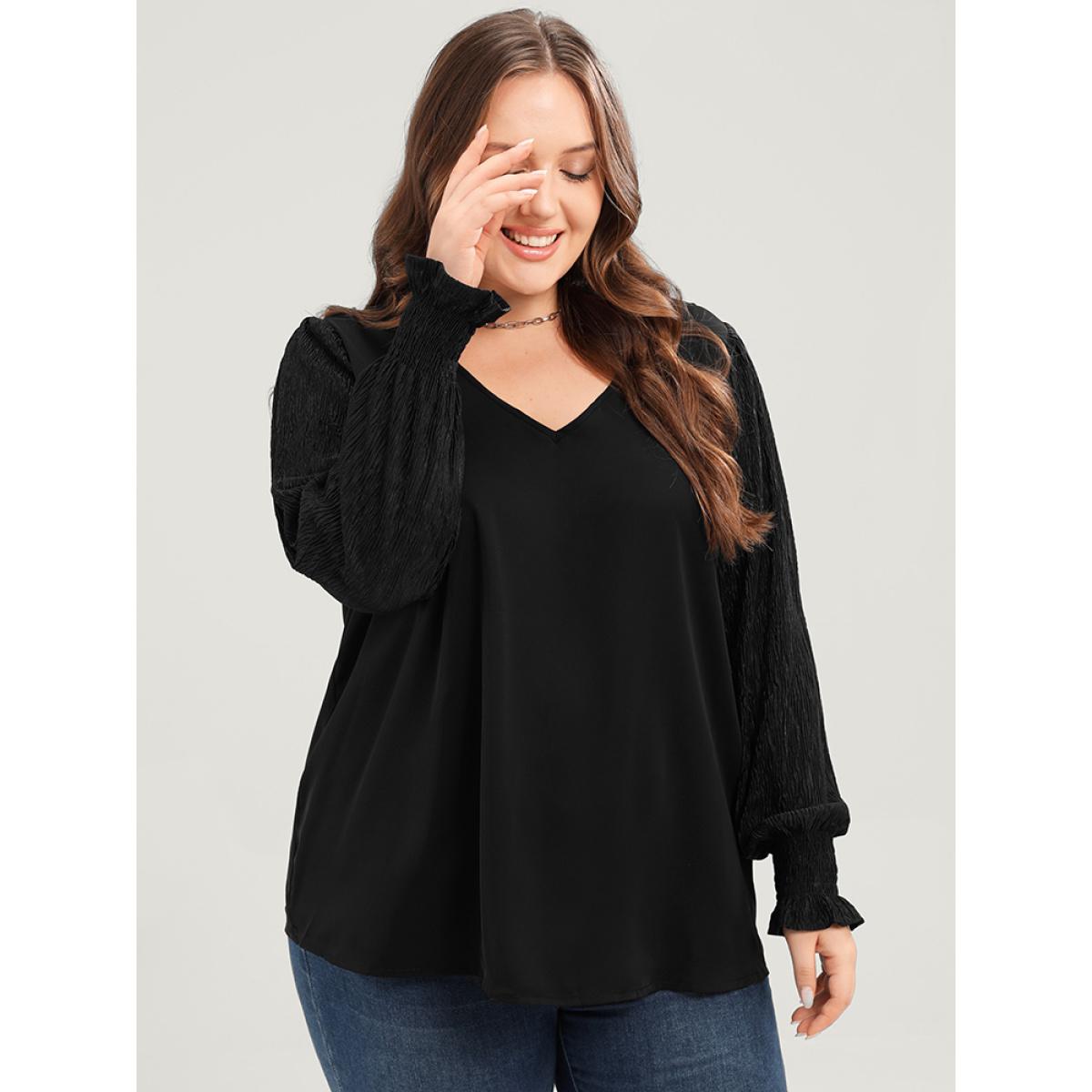 Plus Size Black Solid V Neck Puff Sleeve Blouse Women Elegant Long Sleeve V-neck Dailywear Blouses BloomChic 22-24/3X Product Image