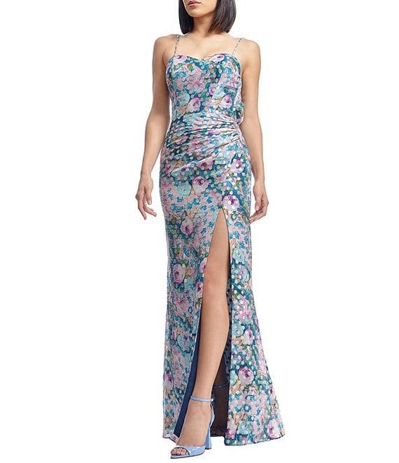 Dress the Population Drae Metallic Floral Print Sweetheart Neck Sleeveless Sheath Gown Product Image