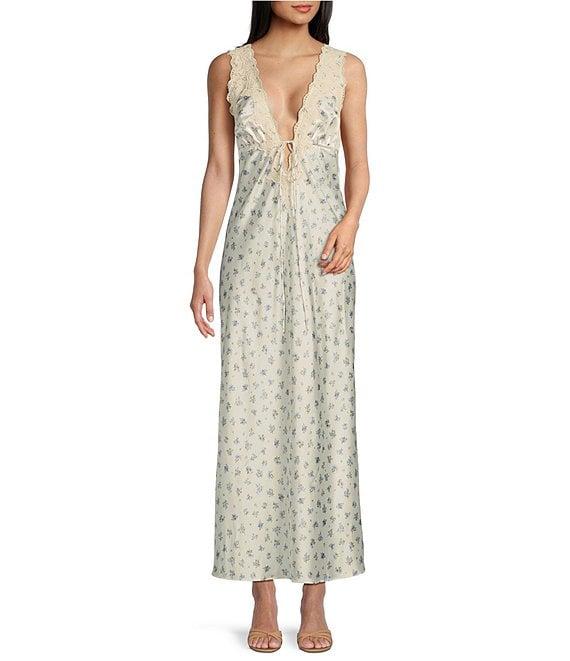 Rumored Satin Floral Print Plunging V-Neck Venice Maxi Dress Product Image