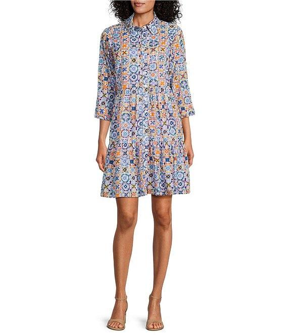 Intro Woven Tile Print Point Collar 3/4 Roll-Tab Sleeve Tiered Button-Front Shirt Dress Product Image