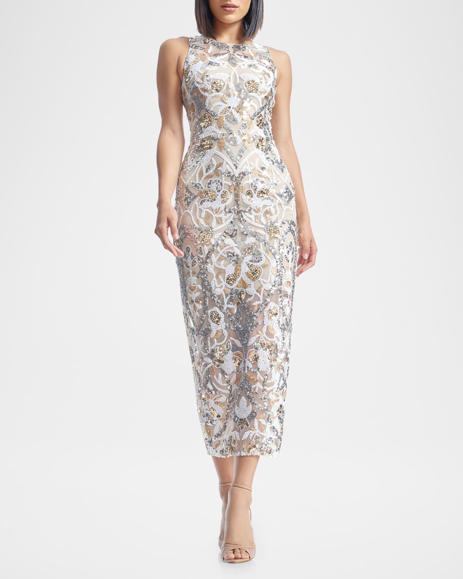 Helena Beaded Floral Applique Midi Dress Product Image