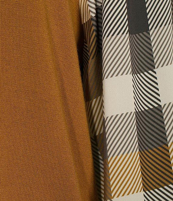 Multiples Mixed-Media Scalloped Neck Long Plaid Sleeve Fitted Sweater Product Image