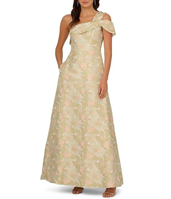 Adrianna Papell One Shoulder Asymmetrical Neckline Floral Jacquard A-Line Gown Product Image