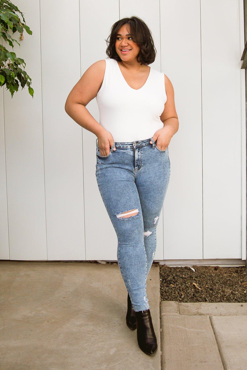 Acid Wash Destroyed Hem Skinny Jeans (Online Exclusive) Product Image