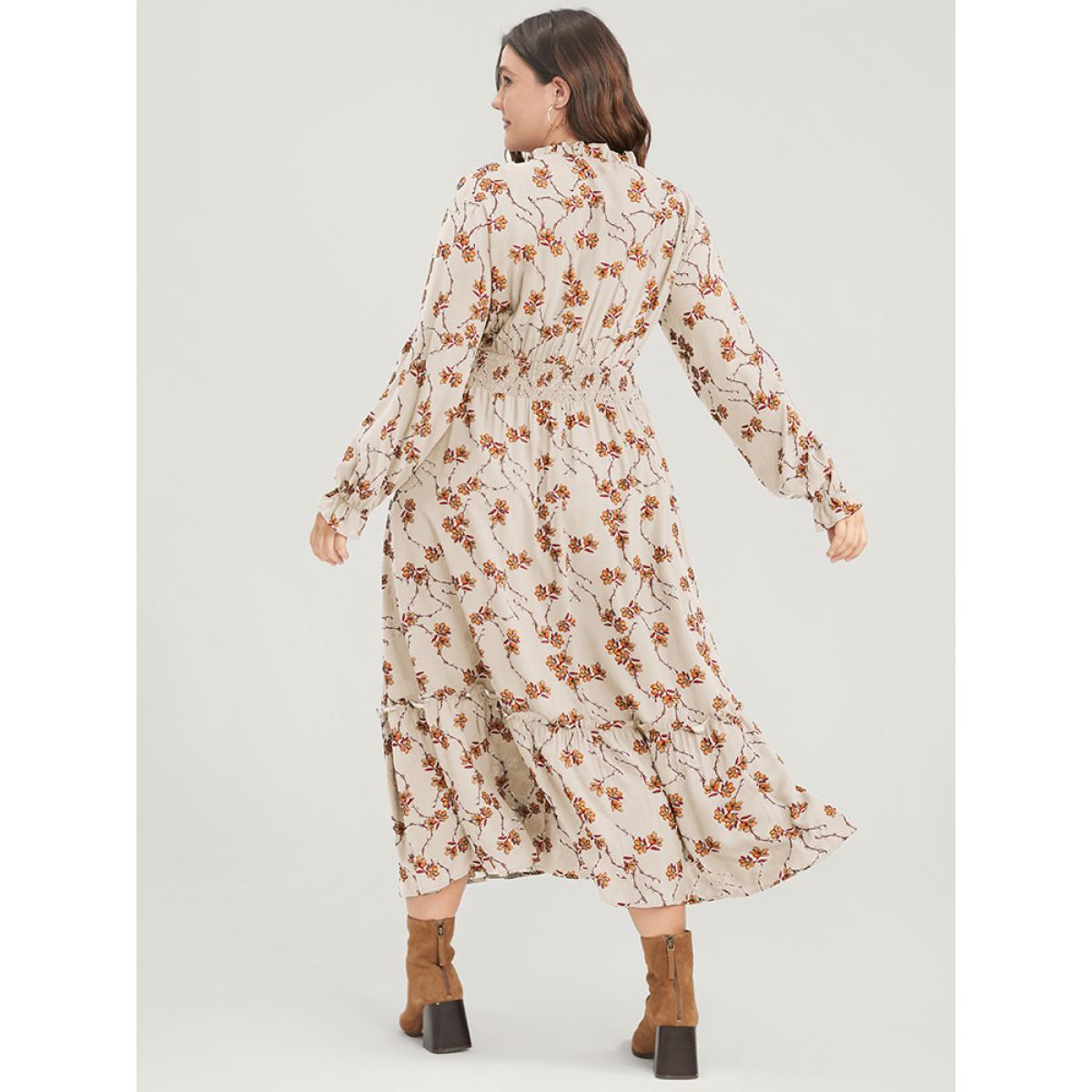 Plus Size Floral Lantern Sleeve Pocket Tie Neck Shirred Midi Dress Beige Women Elegant Pocket V-neck Long Sleeve Curvy Midi Dress BloomChic 10/M Product Image