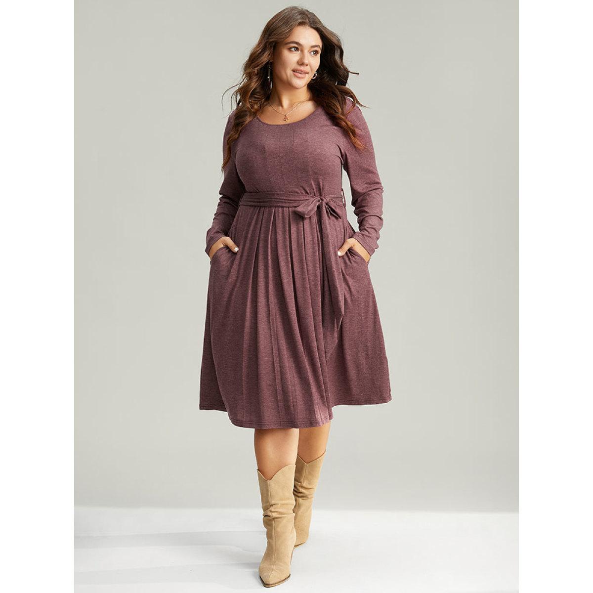 Plus Size Plain Pleated Hem Belted Long Sleeve Dress DustyPink Women Elegant Plain Round Neck Long Sleeve Curvy Midi Dress BloomChic 14-16/1X Product Image