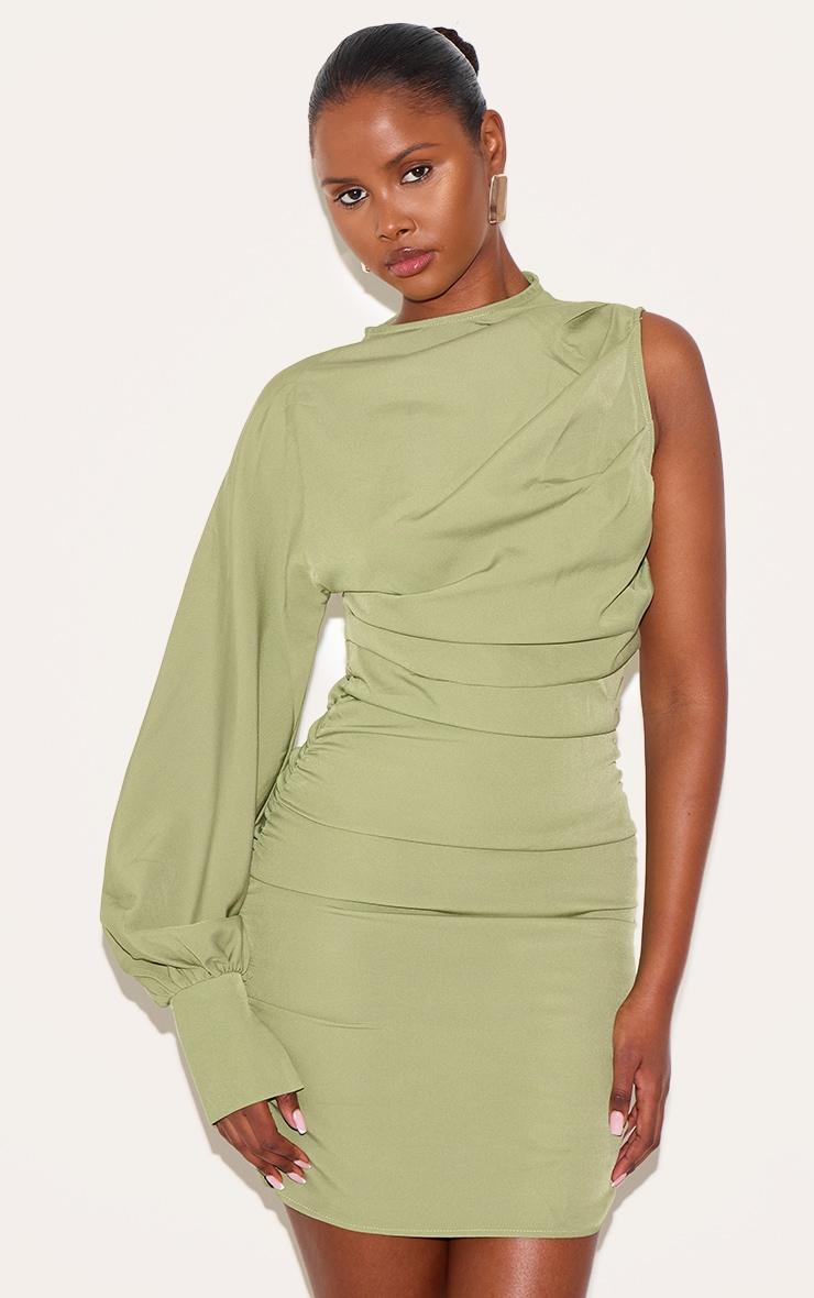 Sage Green One Sleeve Ruched Woven Bodycon Dress Product Image