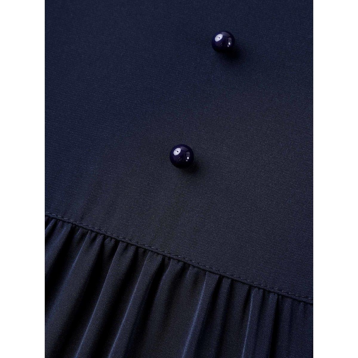 Plus Size DarkBlue Floral Print Button Detail Solid Blouse Women Boho Elbow-length sleeve Flat collar with V-notch Vacation Blouses BloomChic 28/5X Product Image