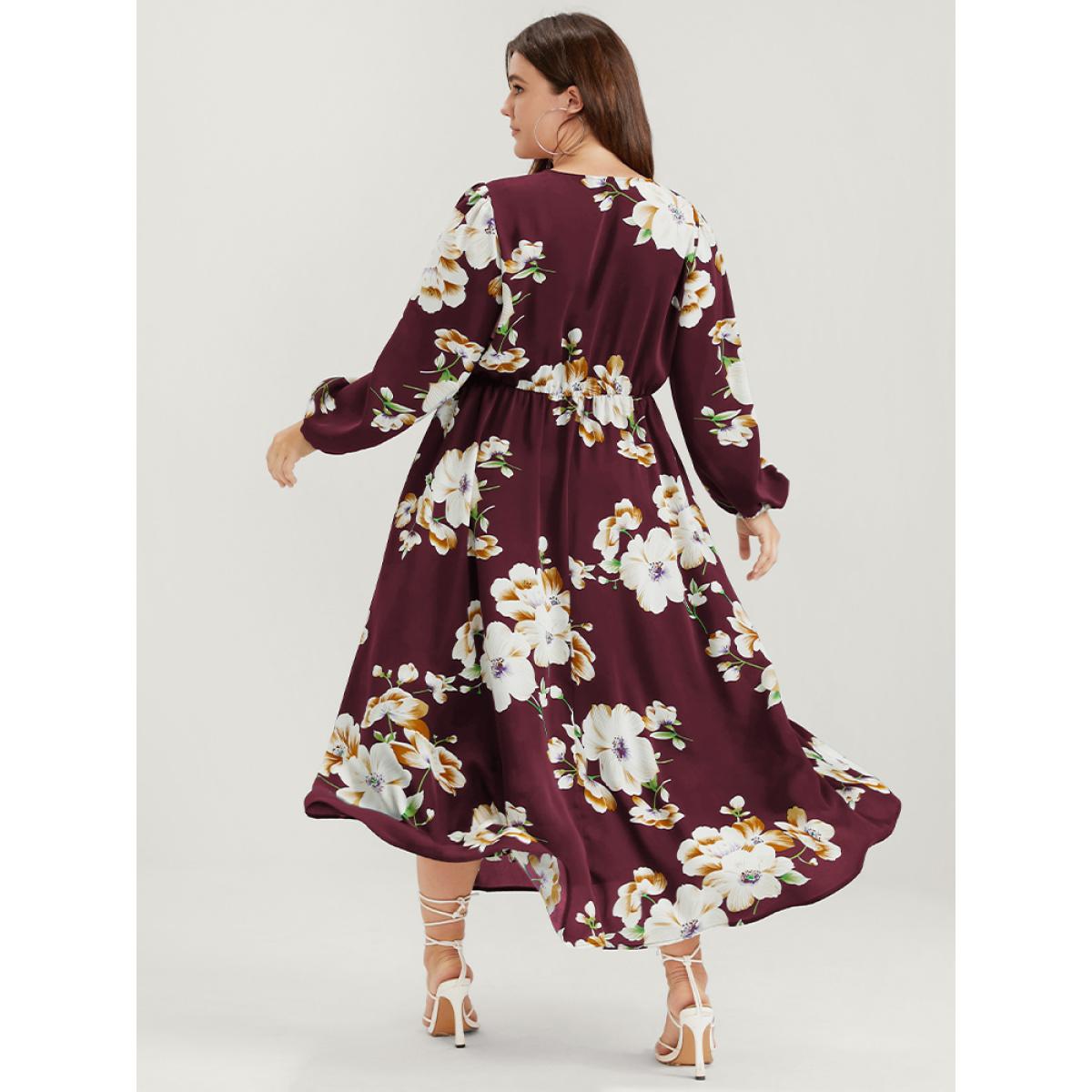 Plus Size Bloom Dress - Floral Lantern Sleeve Pocket Split Surplice Neck Flutter Maxi Dress Burgundy Women Elegant Printed V-neck Long Sleeve Curvy Long Dress BloomChic 22-24/3X Product Image
