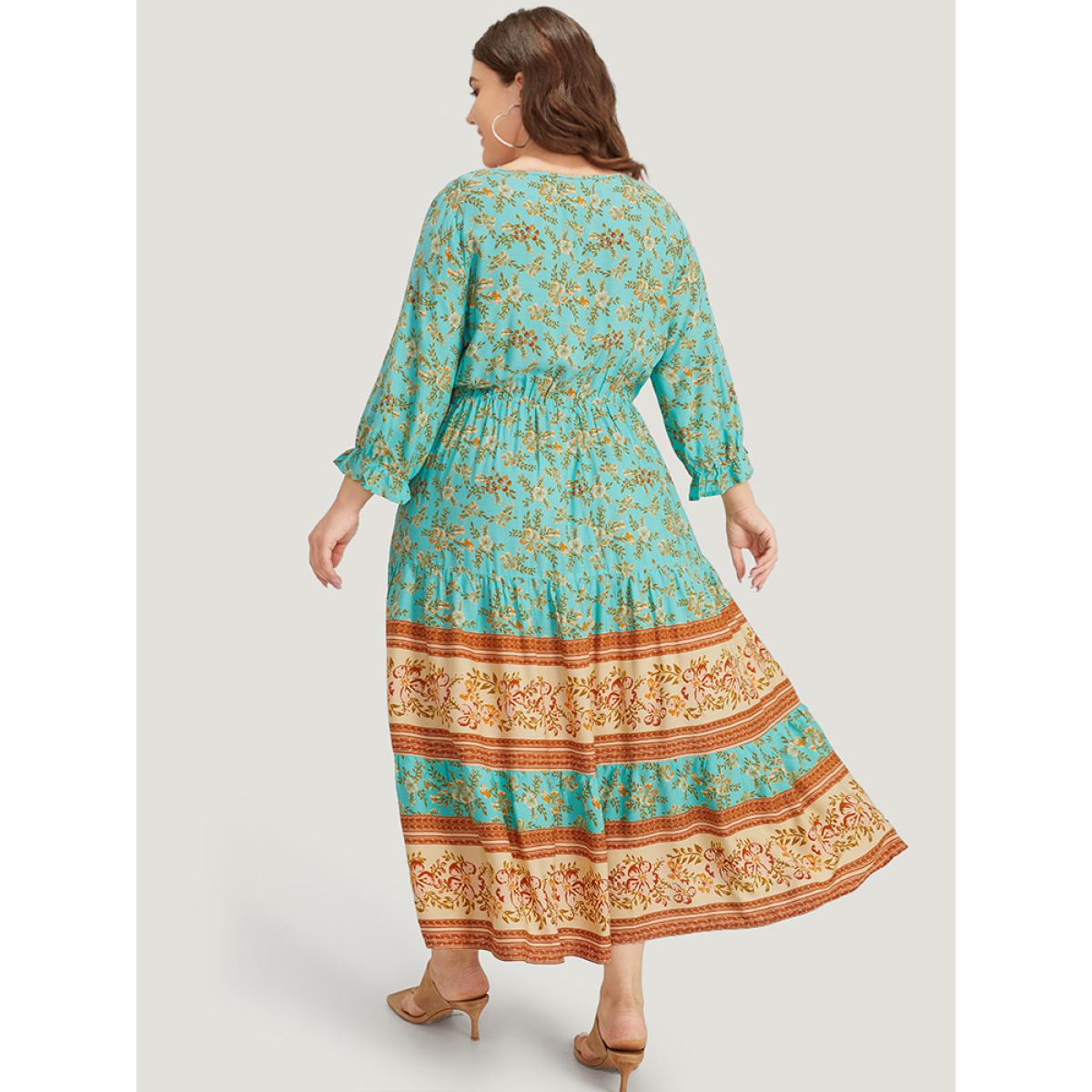 Plus Size Floral Print Lantern Sleeve Contrast Patchwork Dress Aquamarine Women Vacation Elastic cuffs V-neck Half Sleeve Curvy Midi Dress BloomChic 22-24/3X Product Image