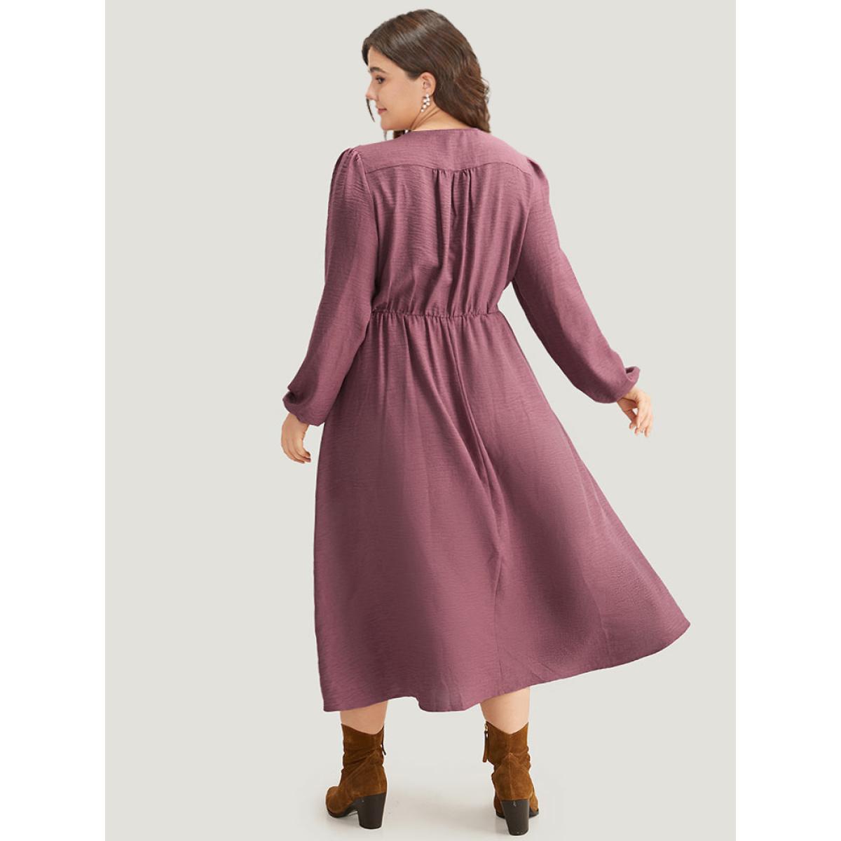 Plus Size Twill Gathered Button Detail Lantern Sleeve Dress DustyPink Women Casual Elastic cuffs V-neck Long Sleeve Curvy Midi Dress BloomChic 10/M Product Image