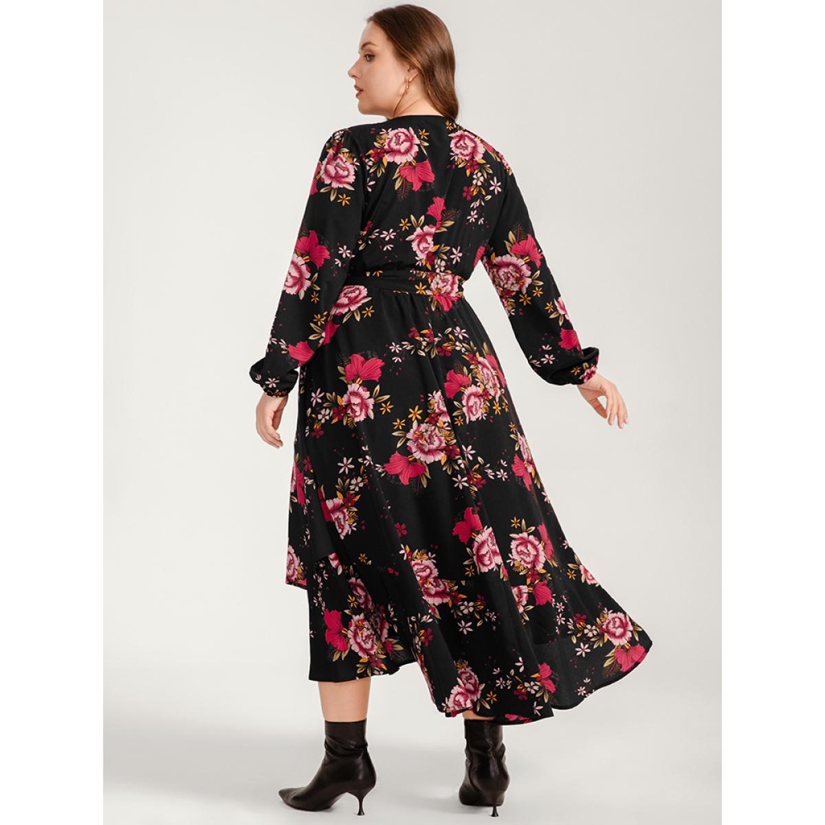 Plus Size Floral Ruffle Lantern Sleeve Pocket Belted Asymmetrical Hem Dress Black Women Elegant Cross straps V-neck Long Sleeve Curvy Long Dress BloomChic 26/4X Product Image