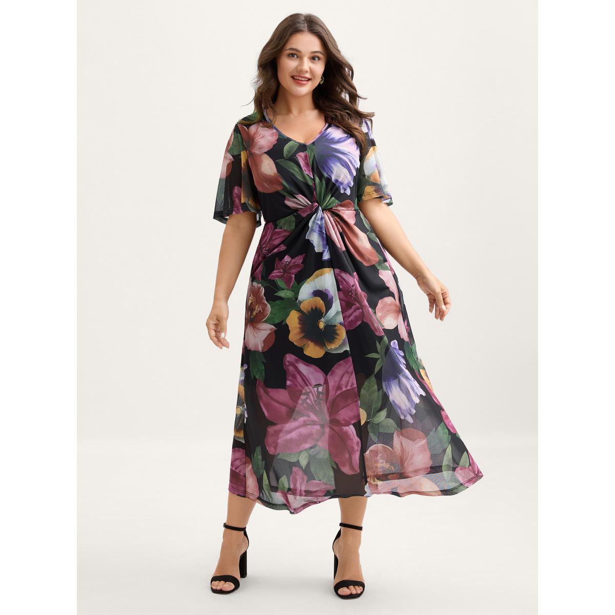 Plus Size Large Floral Print Twist Front Midi Dress RedViolet Women Romantic V-neck Short sleeve Curvy BloomChic 14-16/1X Product Image