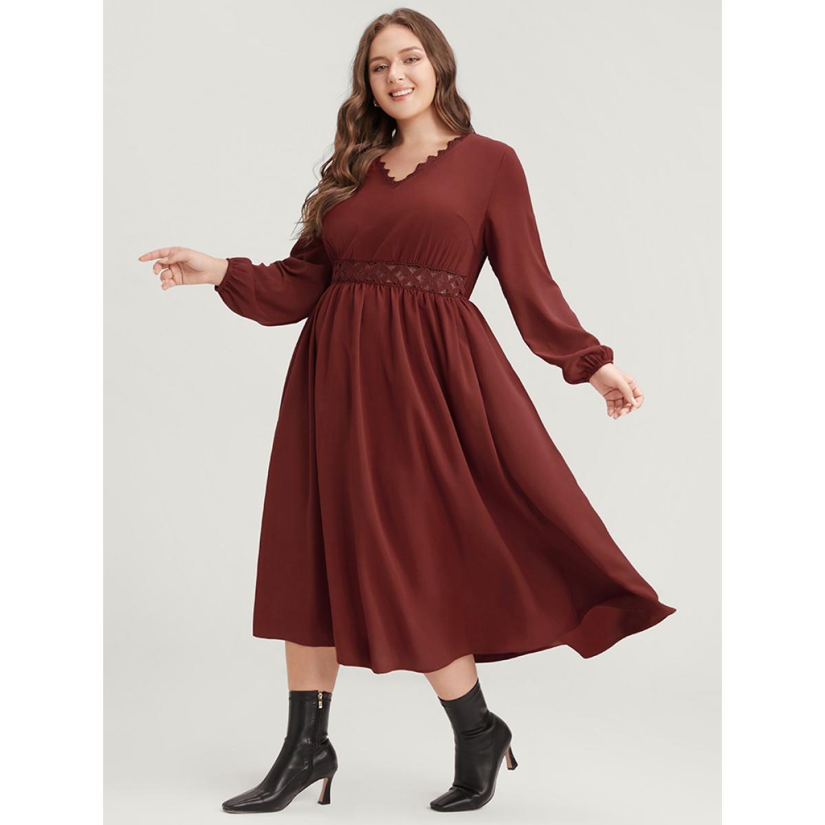 Plus Size Solid Pocket Lace Insert Lantern Sleeve Flutter Dress Scarlet Women Elegant V-neck Long Sleeve Curvy Midi Dress BloomChic 10/M Product Image