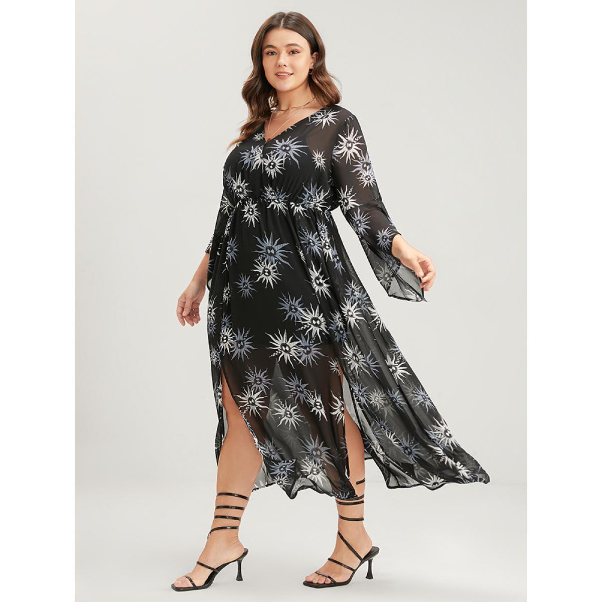 Plus Size Halloween Sun Print Bell Sleeve Mesh Split Dress Black Women Party Gathered V-neck Long Sleeve Curvy Midi Dress BloomChic 14-16/1X Product Image