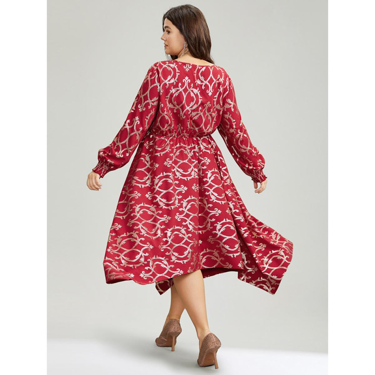 Plus Size Geometric Glitter Shirred Hanky Hem Dress Raspberry Women Party Printed Round Neck Long Sleeve Curvy Midi Dress BloomChic 10/M Product Image