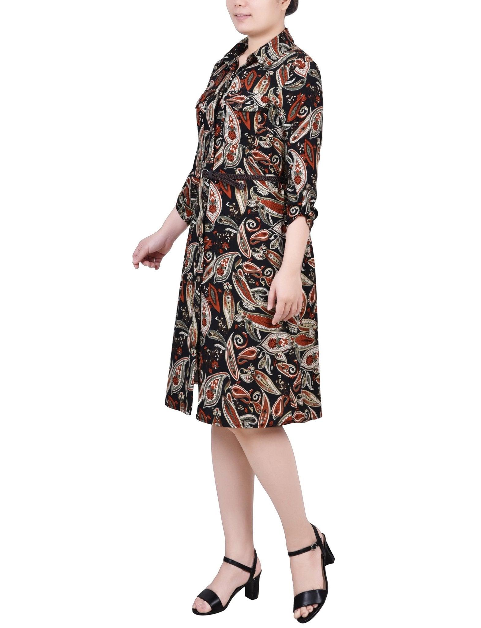 Black Paisley 3/4 Roll Tab Sleeve Shirtdress - Petite Product Image