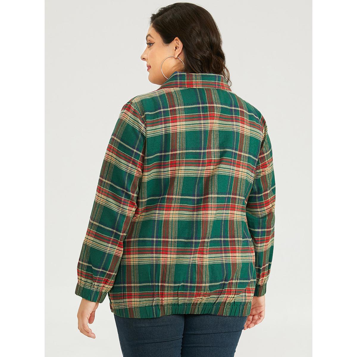 Plus Size Plaid Contrast Zipper Pocket Jacket Women Emerald Elastic cuffs Pocket Dailywear Jackets BloomChic 14-16/1X Product Image