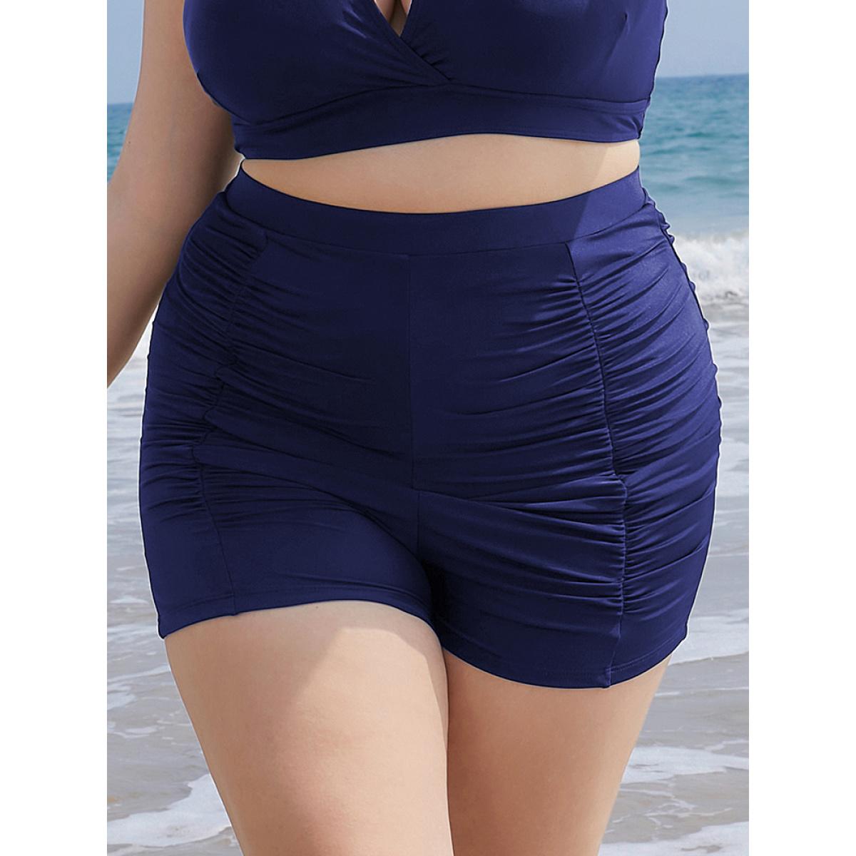 Plus Size Solid High Waist Ruched Detail Swim Shorts Women's Swimwear Indigo Beach Gathered High stretch Skinny High Rise Curve Swim Bottoms BloomChic 14-16/1X Product Image